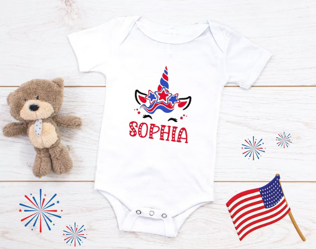 Personalized 4th Of July Baby Girl Onesie, Fourth of July Unicorn Onesie