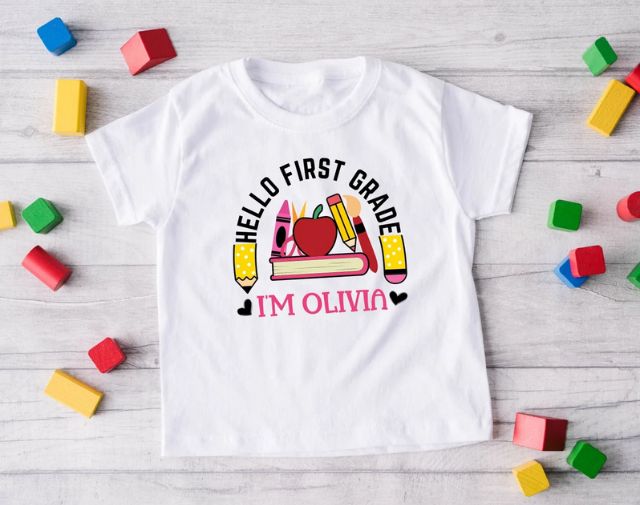 Personalized Hello First Grade Pencil Girl shirt, Kids Back To School Shirt