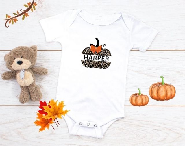 Leopard Pumpkin name Baby Onesie, Personalized Pumpkin Fall Onesie, Pumpkin Toddler Girl Shirt