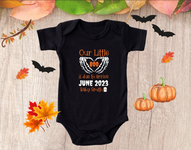 Our Little Boo Halloween pregnancy Announcement personalized Onesie, Cute Baby Reveal Halloween Onesie