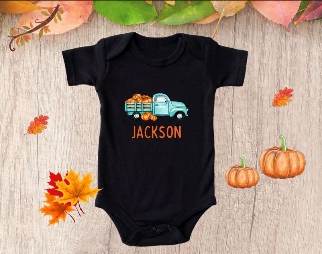 Personalized Fall Baby Onesie, Pumpkin Truck Onesie, Pumpkin Truck Toddler Shirt