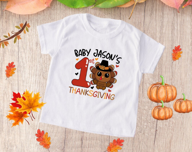Personalized First Thanksgiving Turkey Baby Onesie, My First Thanksgiving Boy Tee