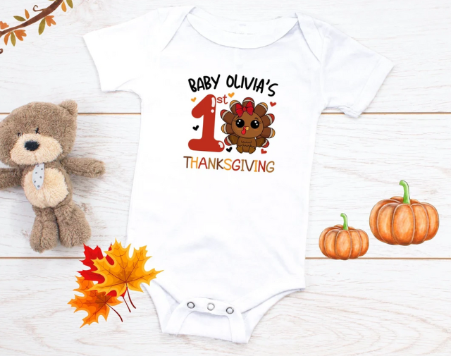 Personalized First Thanksgiving Turkey Baby Onesie, My First Thanksgiving Girl Tee