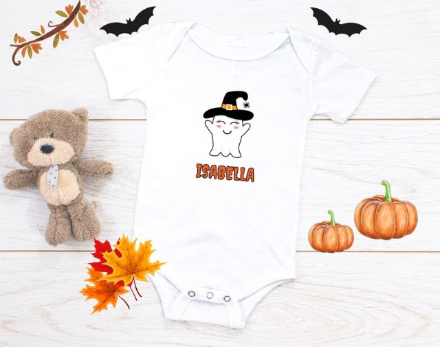 Personalized Ghost baby Girl Onesie, Halloween Toddler Girl Tee, Cute Halloween Gift