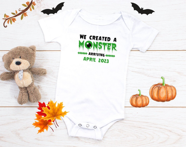 We Created a Monster Halloween pregnancy Announcement Onesie, Cute Monster Baby Reveal Halloween Onesie