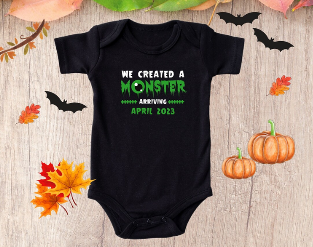 We Created a Monster Halloween pregnancy Announcement Onesie, Cute Monster Baby Reveal Halloween Onesie