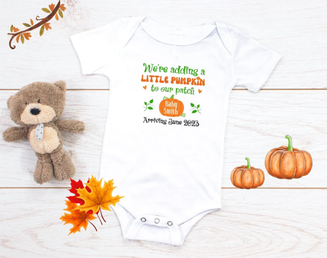 We're adding a little pumpkin to our patch Fall Pregnancy Announcement onesie, Thanksgiving Baby Reveal