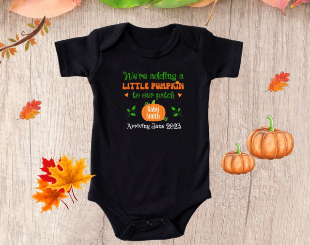 We're adding a little pumpkin to our patch Fall Pregnancy Announcement onesie, Thanksgiving Baby Reveal