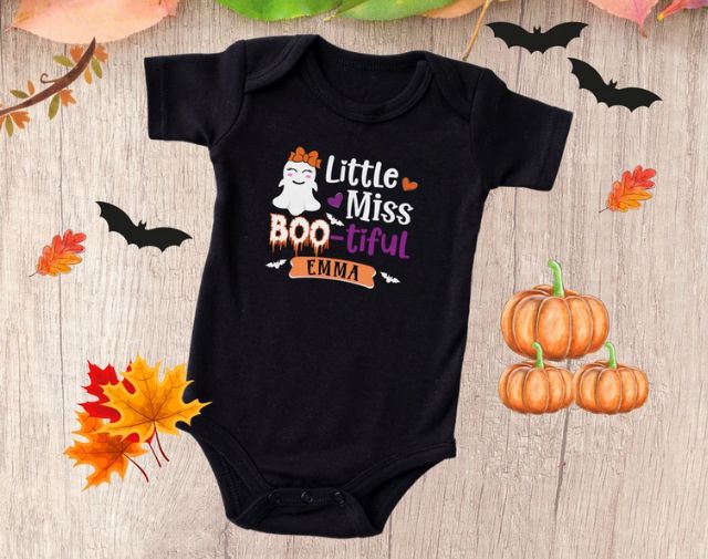 Personalization Little Miss Boo-tiful baby Girl Onesie, Halloween Toddler Girl Tee