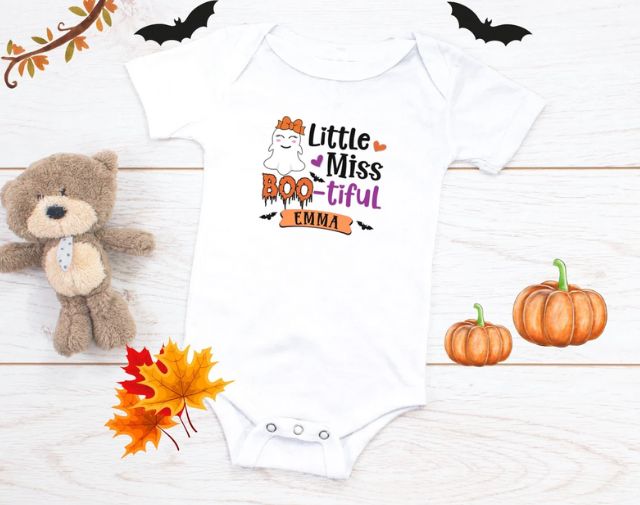 Personalization Little Miss Boo-tiful baby Girl Onesie, Halloween Toddler Girl Tee