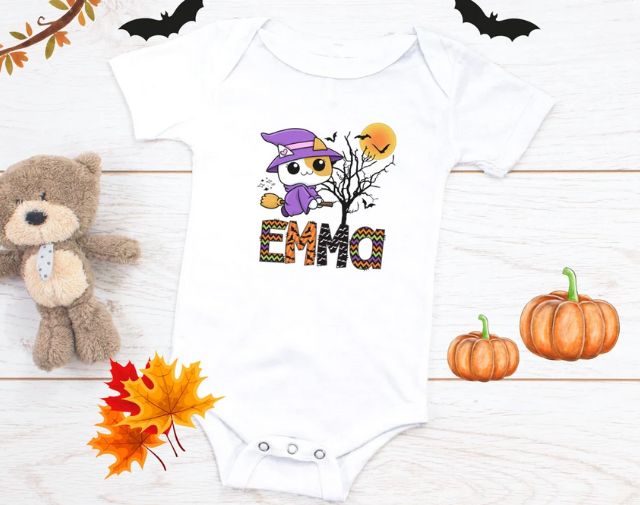 Personalized Halloween Girl Shirt, Custom Name Halloween Witch Cat Onesie