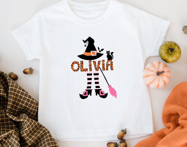 Personalized Halloween Girl Shirt, Custom Name Halloween Witch baby girl Onesie