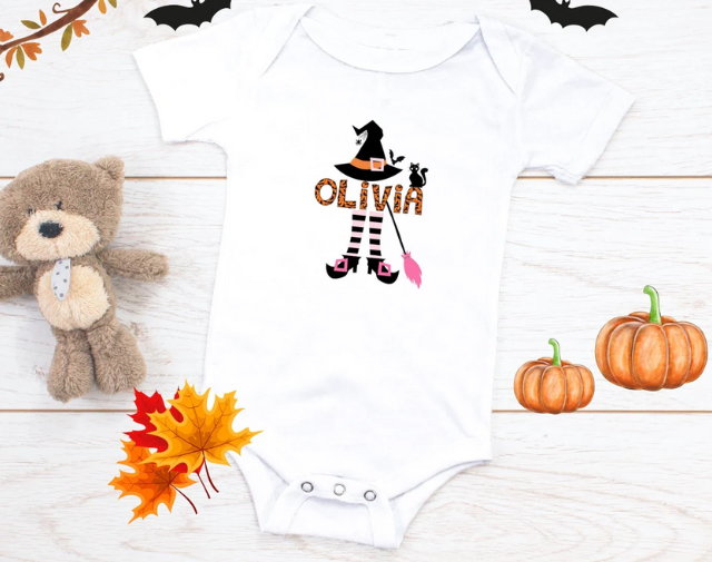 Personalized Halloween Girl Shirt, Custom Name Halloween Witch baby girl Onesie