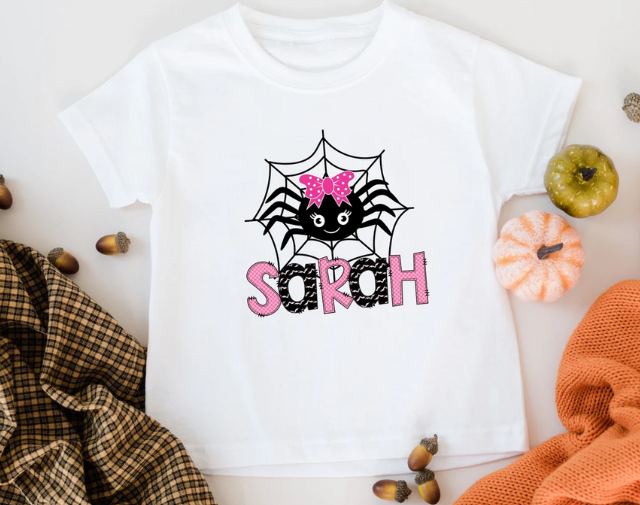 Personalized Halloween Girl Shirt, Custom Name Spider baby girl Onesie, Cute Halloween Toddler Girl Tee