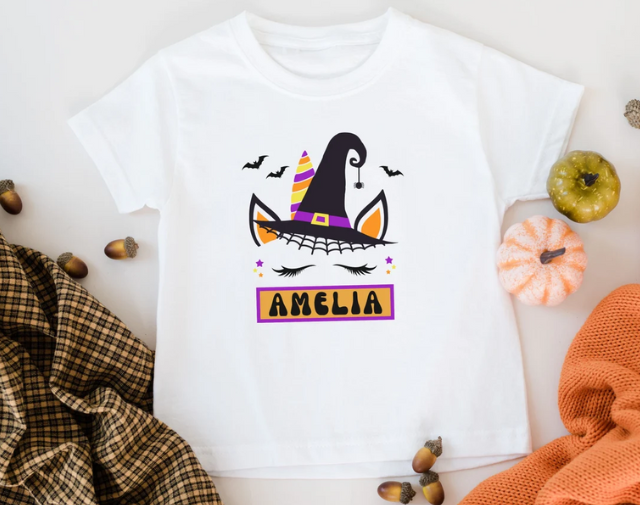 Personalized Halloween Kids Shirt, Unicorn Witch baby girl Onesie, Halloween Toddler Girl Shirt