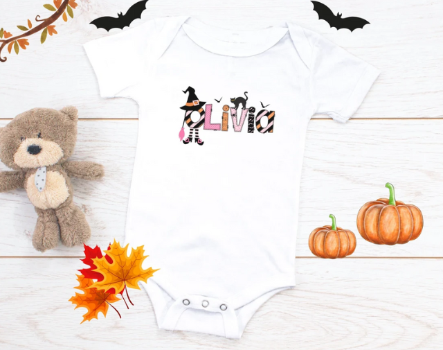 Personalized Name Halloween Girl Shirt, Custom Name Witch baby girl Onesie