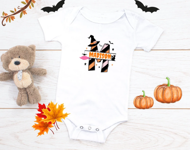 Personalized Name Halloween Girl Shirt, Custom Name Witch baby girl Onesie, Cute Halloween Toddler Girl