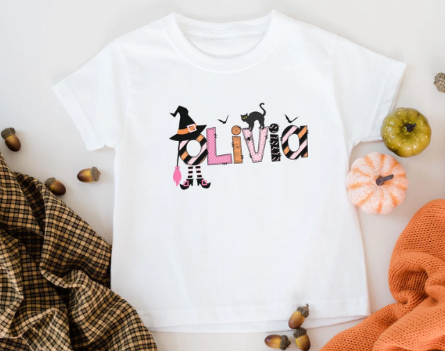 Personalized Name Halloween Girl Shirt, Custom Name Witch baby girl Onesie