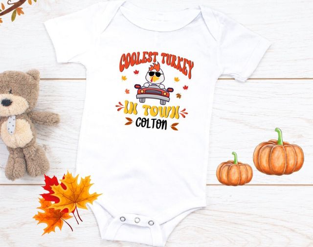 Personalized Thanksgiving Onesie, Coolest Turkey in Town baby boy Onesie, Custom Name