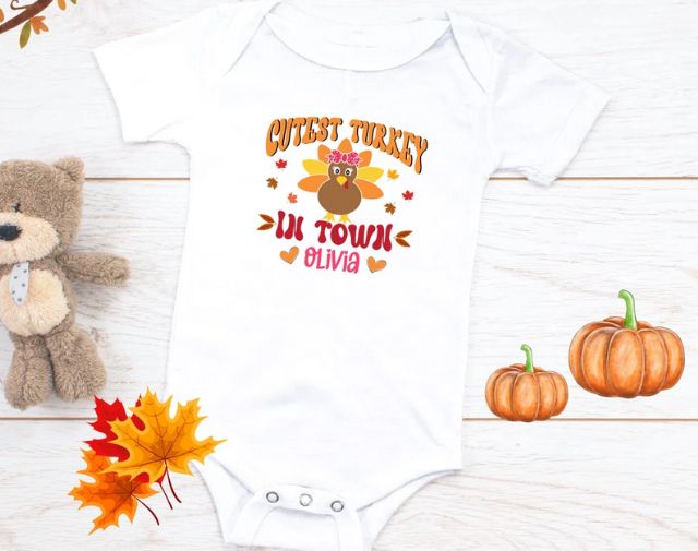 Personalized Thanksgiving Onesie, Cutest Turkey in Town baby girl Onesie