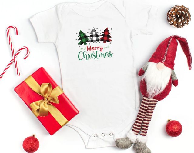 Merry Christmas Shirt, Christmas Onesie, Plaid Christmas Tree Toddler Tee