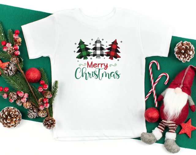 Merry Christmas Shirt, Christmas Onesie, Plaid Christmas Tree Toddler Tee