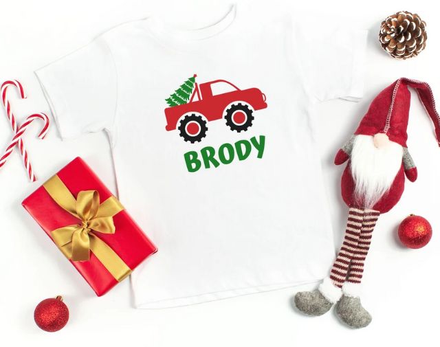 Personalized Christmas Truck Shirt, Cute Christmas Baby Onesie, Christmas Toddler Boy Tee