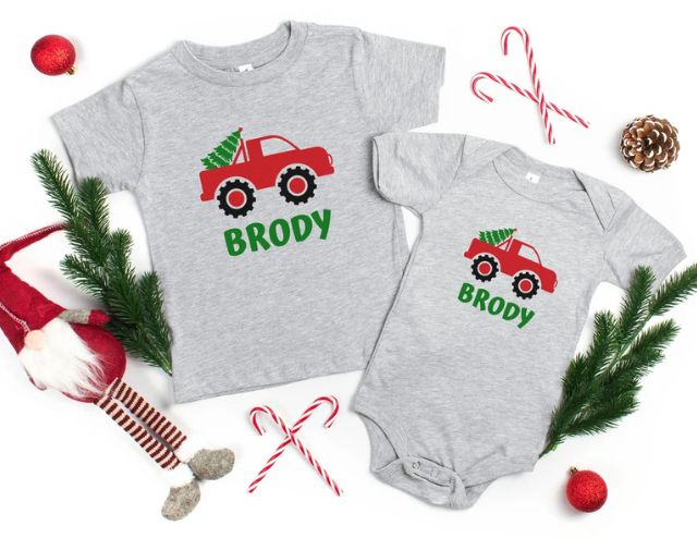 Personalized Christmas Truck Shirt, Cute Christmas Baby Onesie, Christmas Toddler Boy Tee