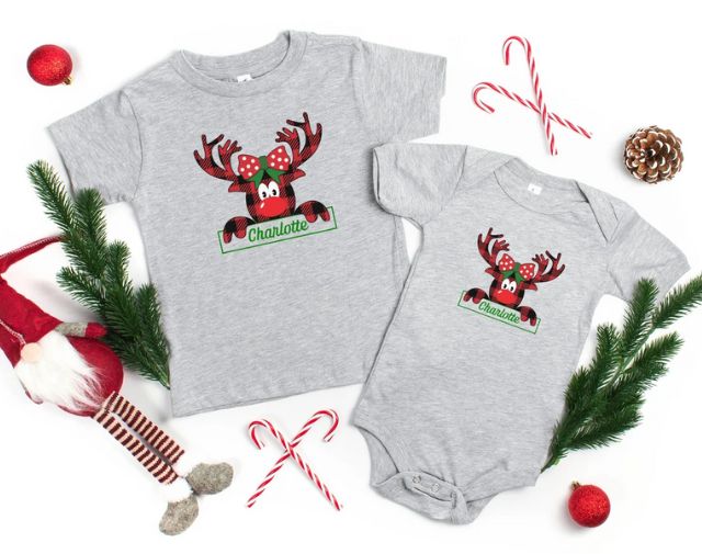 Personalized Reindeer Kids Christmas Shirt, Cute Christmas Baby Onesie