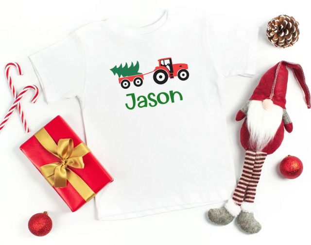Personalized Tractor Boy Christmas Shirt, Cute Christmas Baby boy Onesie