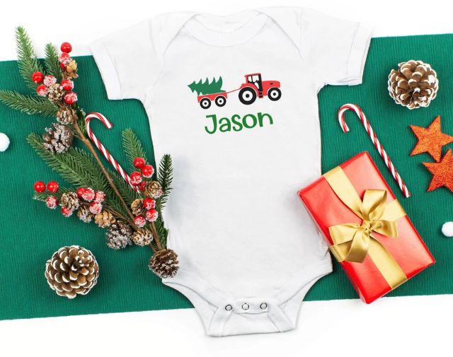 Personalized Tractor Boy Christmas Shirt, Cute Christmas Baby boy Onesie