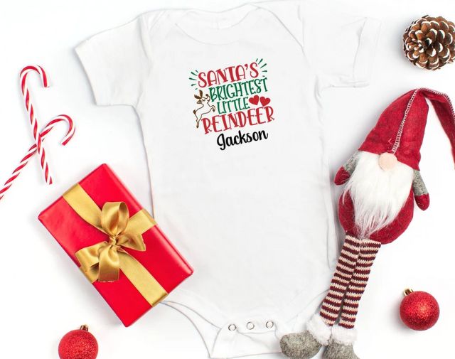 Santa'a Brightest Little Reindeer onesie, Personalized Kids Christmas Shirt