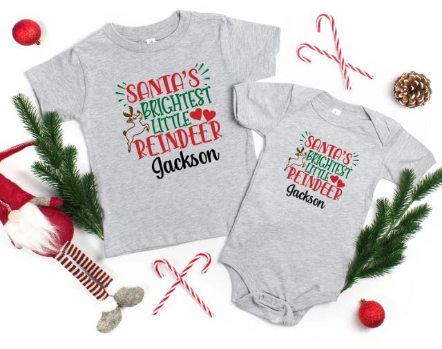 Santa'a Brightest Little Reindeer onesie, Personalized Kids Christmas Shirt